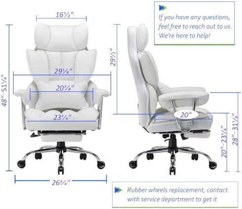Efomao Big and Tall Office Chair 400lbs, Executive PU Leather Desk Chair with Footrest & Lumbar Support, Heavy Duty Computer Seating for Home, White - Image 2