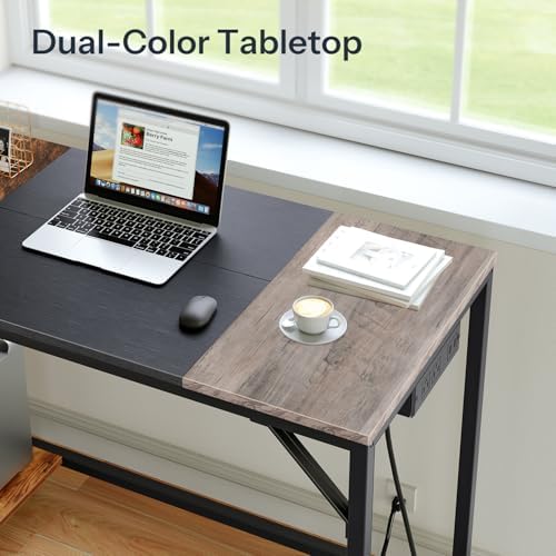 HOOBRO Small Computer Desk, 35.4 Inch Home Office Desk with Power Outlet, Writing Desk with 2 Shelves, Modern Small Desk for Home Office, Study, Easy to Assemble, Charcoal Gray and Black BG43UDN01 - Image 7