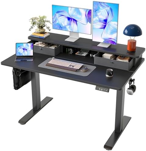 TIQLAB Standing Desk with Two Drawers, Stand Up Standing Desk Adjustable Height, Electric Sit Stand Table with Storage Shelf and Splice Board, 48 * 24 inch, Black by TIQLAB