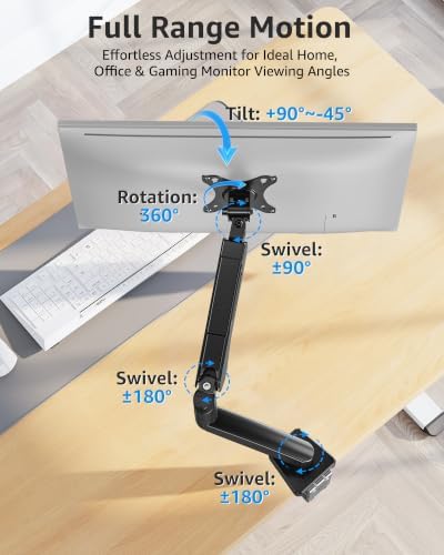 MOUNTUP Single Monitor Desk Mount Holds Screen up to 32 inch, Height Adjustable Monitor Arm, Full Motion Computer Monitors Stand with Clamp/Grommet Base, VESA Mounts Fit 4.4-19.8lbs Computer, Black - Image 5