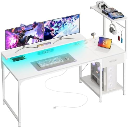 PRAISUN 55.1 Inch Gaming Desk with LED Lights & Power Outlets by PRAISUN