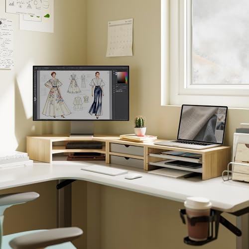 Fenge Dual Monitor Stand, Corner Desk Shelf with Drawer & Slide-Out Tray - Image 2