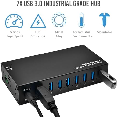 Kingwin 7-Port USB 3.0 Hub Offers 5Gbps speeds, Powered Expansion, and a Durable mountable Aluminum Design. Ideal for PC, Laptop, POS, and Server Racks. Plug & Play. - Image 3