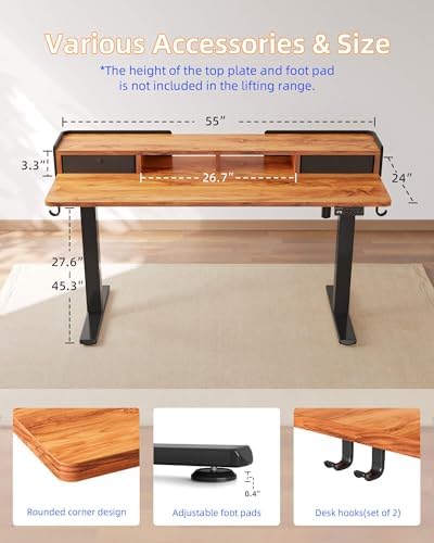YIHAYO Electric Standing Desk with Drawers, 55 x 24 Inches Adjustable Desk with Storage Shelf, Stand Up Desk with Splice Board, Computer Table for Home Office, Black Frame/Rustic Brown Top - Image 3