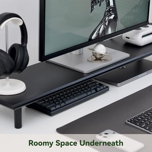 Bamboo Dual Monitor Stand Riser, Black Desk Shelf with Storage - Image 5