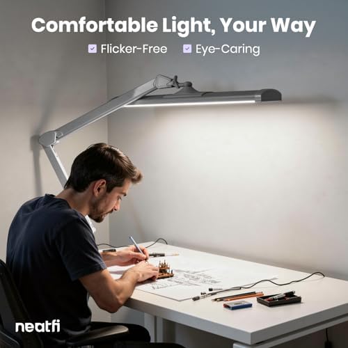 Neatfi 3,500 Lumens LED Desk Lamp – 45W Dimmable Task Light | Adjustable Color Temperature | 3 Light Modes | 540 SMD LEDs | Reading, Craft, Workbench & Office (Silver-2, 26-Inch Wide Shade) - Image 4