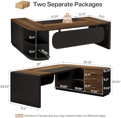 Tribesigns 81-Inch L-Shaped Office Desk, Large Commercial Office Desk with Drawers and File Cabinet, Modern Professional Business Furniture Workstations with Storage Shelves, Brown & Black - Image 2