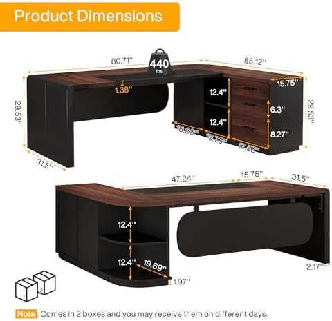 Tribesigns 80'' L-Shaped Desk, Large Executive Office Desk with 55'' Drawers Cabinet, Modern Computer Table with Storage Shelves, Business Furniture for Home Office, Walnut & Black - Image 2