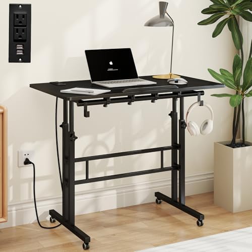 SIDUCAL Portable Standing Desk Adjustable Height, Rolling Computer Desk on Wheels, Mobile Home Office Workstation with USB Ports and Outlets, Laptop Cart for Standing or Sitting, 31.5" x 23.6" Black by SIDUCAL