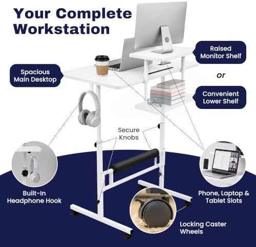Small Rolling Desk with Wheels, Adjustable Height 27"-43.3" Portable Standing Desk, 31.5"x15.7" Tabletop, Mobile Laptop Computer Table for Home Office Workstation, White - Image 6