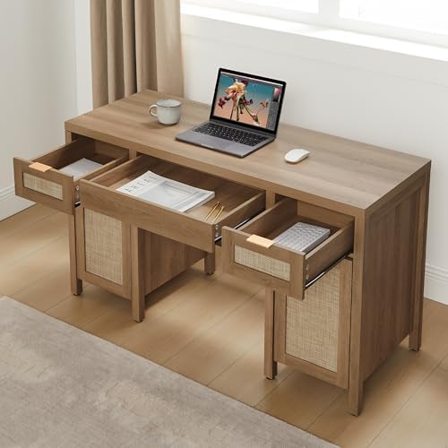 SICOTAS Rattan Home Office Desk with Storage, 52" Boho Executive Desk - Image 3