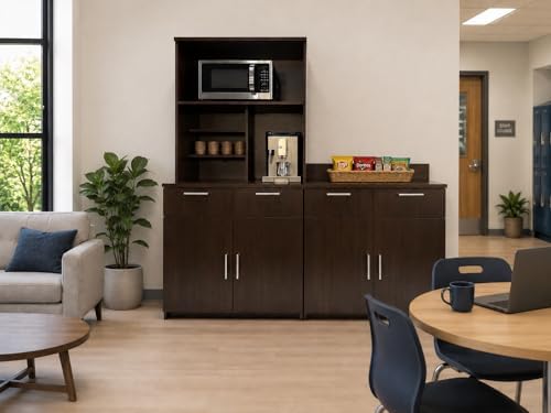 BREAKtime Breakroom Cabinet with 4-Door Base Storage & Upper Hutch, Microwave Space, Commercial-Grade, Fully Assembled, 72" W x 24" D x 75" H, Appliances Not Included, Espresso - Image 2
