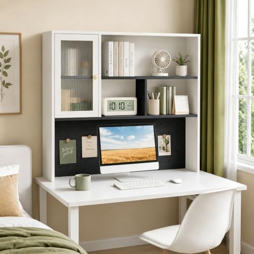 LINLIUA Desktop Bookshelf, Desk Hutch Dorm with Pegboard, Desk Shelves for Top of Desk, Wood Desktop Storage Rack with Cabinet Door, Countertop Bookcase for Office Dorm Home Study by LINLIUA