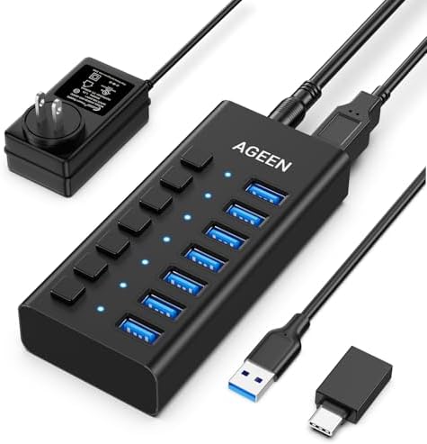 AGEEN 7-Port Powered USB 3.2 Hub, 10Gbps Data Transfer, 24W Power Adapter by AGEEN