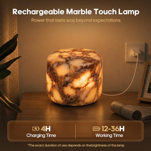 Marble Night Light, Touch Control Rechargeable Table Lamp, 3‑Way Dimmable Cordless LED Bedside Lamp, USB‑C Charging Natural Stone Decor Lamp for Bedroom Desk Shelf, Home Gift - Image 4