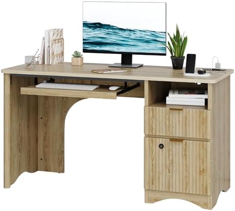 Bestier 55" Desk with Fingerprint Lock & Charging, Keyboard Tray, Oak by Bestier