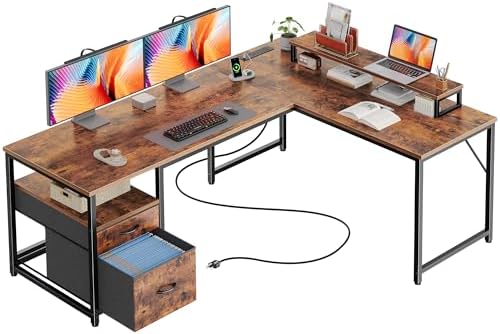 PRAISUN 55 Inch L Shaped Desk with Power Outlets and USB-C Port, Computer Corner Home Office Desk with File Fabric Drawers and Movable Monitor Stand, Larger Storage for Gaming, Study, Rustic Brown by PRAISUN