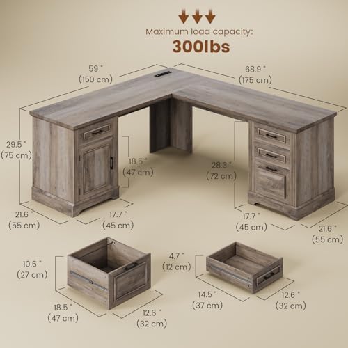 Itaar Farmhouse L Shaped Desk, Executive Computer Desk with Drawers and Storage Cabinet, Home Office Desk with File Drawer and Power Outlet, Corner Desk, Workstation for Office Home, Grey - Image 2