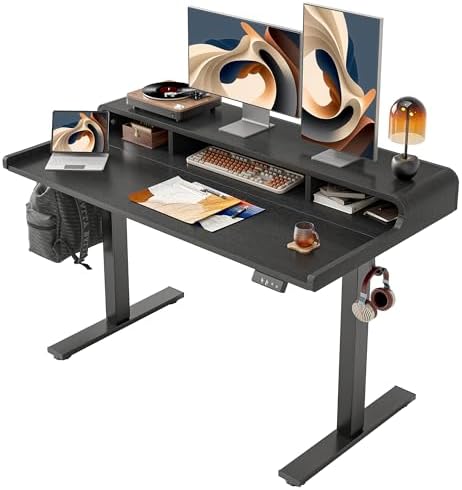 TIQLAB Standing Desk with Storage, 47"×24" Electric Adjustable Desk with Monitor Shelf for Home Office, Stand Up Desk for Study, Work, Writing, Black by TIQLAB