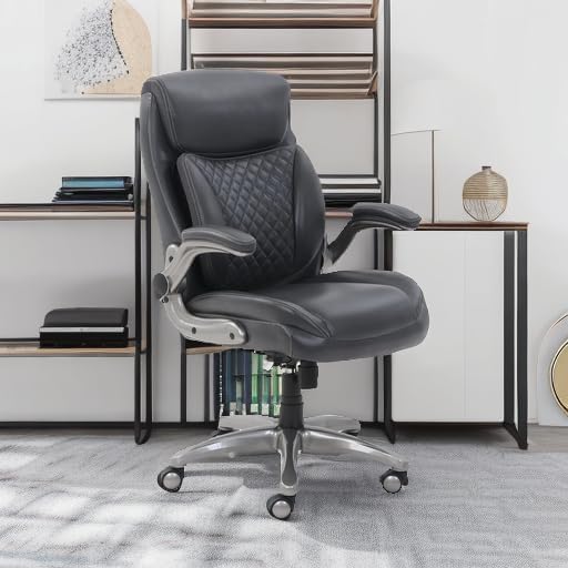 Amazon Basics Ergonomic Executive Office Chair with Adjustable Lumbar Support, Flip-up Arms, Height Adjustable, 360° Rolling Swivel, Computer Desk Chair, Grey Leather - Image 2