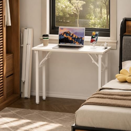 Folding Table Computer Desk - 35.8" No Assembly Folding Desk with Power Outlets & USB Charging Port, Small Desk, Foldable Office Desk, Compact Storage Portable Use for Small Space, White Ash - Image 2