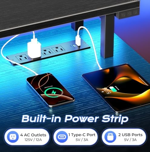 PRAISUN 63 inch Gaming Desk, LED & Power Outlets, Monitor Stand, Black - Image 5