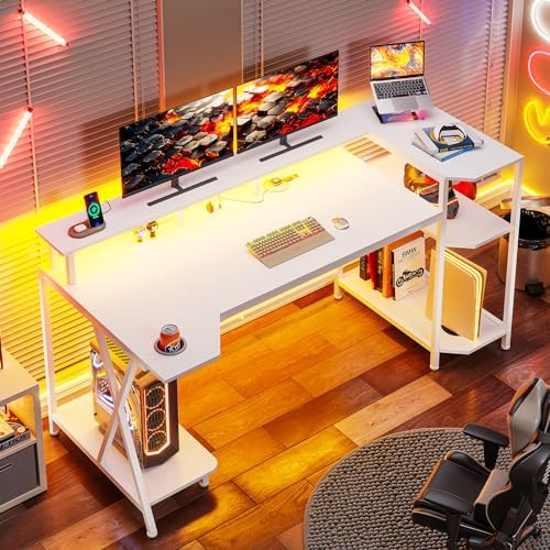 SEDETA White Gaming Desk 55'' with LED Lights and Storage Shelves - Image 2