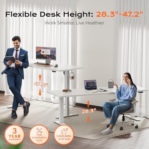 Huuger 78.7'' x 29.5'' Large Electric Standing Desk, Height Adjustable Computer Desk, 29.5" Deep Desktop, Stand up Gaming Office Desk with 2 Hooks, 3 Preset Heights, for Home Office, White - Image 3