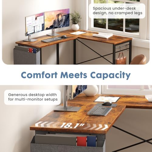 DUMOS L Shaped Computer Corner Desk with PC Stand, Brown - Image 5