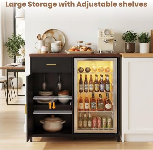 Unikito Coffee Bar Cabinet with Mini Fridge Space & Power Outlet, Black - Image 6