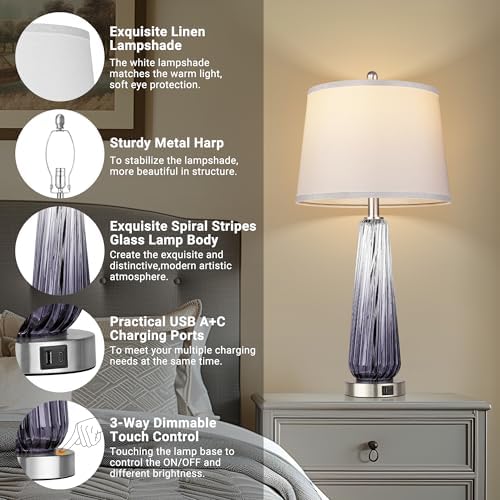 Modern Glass Table Lamps, 27.5" Bedside Lamps for Living Room, Grey, 1 Pack - Image 3