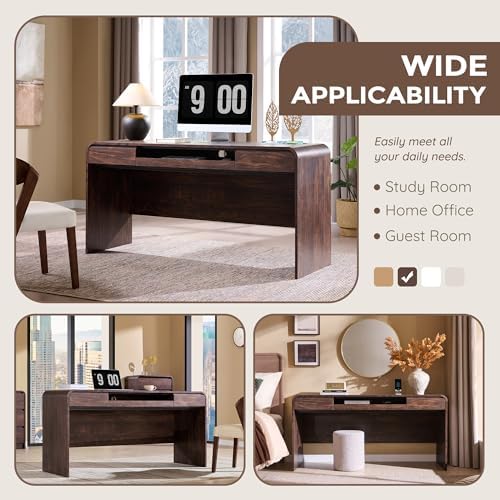 63" Modern Computer Desk with 2 Drawers, Wood Curved (Brown) - Image 5
