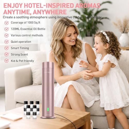 Waterless Diffuser Starter Kit with 5 Scent Oils - Cold Air Diffuser Machine for Home, Hotels and Large Room, 1000 Sq.Ft Coverage Hotel Scent Essential Oil Diffuser, Remote Control, 4.05 Oz, Pink-N - Image 2