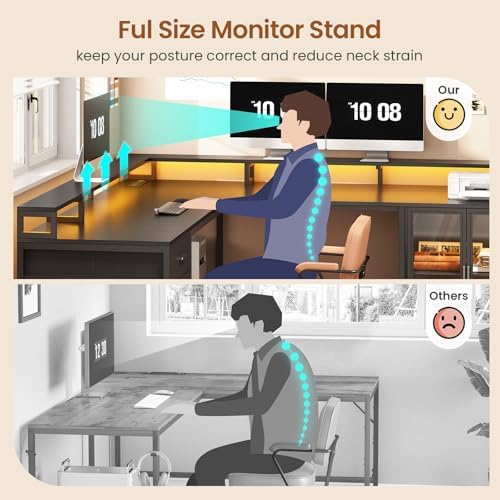 SEDETA L Shaped Gaming Desk with 4 Drawers, 109” Computer Desk with Display Cabinet, Home Office Desks with 2 Monitor Stands, CPU Stand, LED Lights and Power Outlet, Black - Image 6