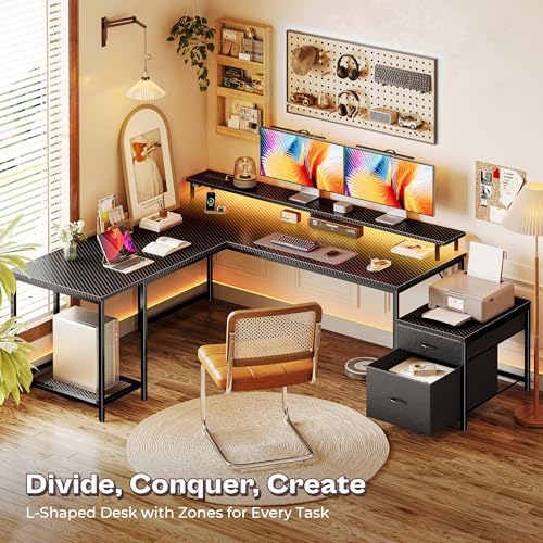 PRAISUN 66" L Shaped Gaming Desk with LED Lights & Power Outlets - Image 6