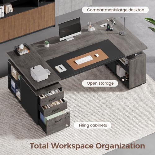 71" Electric Standing Desk with Drawers, Electric Height Adjustable Executive Desk with Lockable File Cabinet, Home Office Desk, Open Storage Compartments, Built-in Power Outlet, Relief Gray+Black - Image 7