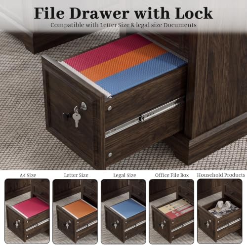 Vipbear 59" Farmhouse Executive Desk with Drawers, Wood Home Office Computer Desk, Featuring Lockable File Drawer, Storage Cabinet & Power Outlet Storage Cabinet for Work Study Writing (Walnut Brown) - Image 4