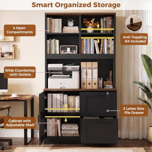 Vertical File Cabinet Bookcase with Printer Stand & Charging Station, Black - Image 7