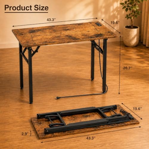 Folding Table Computer Desk - 43.3" No Assembly Folding Desk with Power Outlets & USB Charging Port, Small Desk, Foldable Office Desk, Compact Storage Portable Use for Small Space, Rustic Brown - Image 3