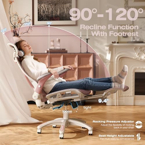 ELABEST X100 Ergonomic Mesh Office Chair with Footrest, Big and Tall Home Desk Chair with 5D Flip-Up Arms, Adjustable 3D Lumbar Support, Gaming & Executive Computer Chair (Peach Blossom) - Image 6
