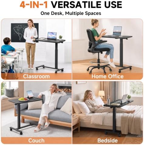 GTPLAYER Small Standing Desk with Lockable Wheels, Pneumatic Mobile Rolling Laptop Desk,Adjustable Height Overbed Bedside Table Computer Workstation for Home Office (28" W x 16" D, Black) - Image 5