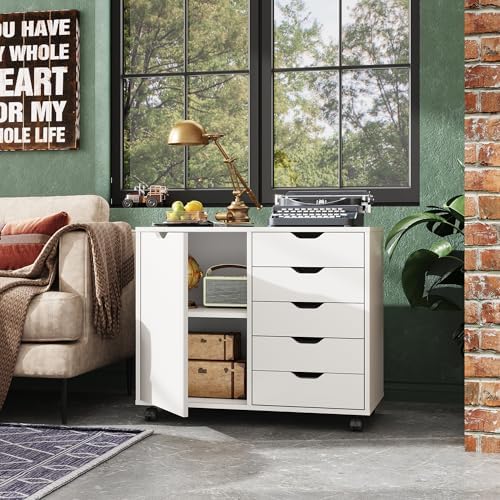 DEVAISE 5-Drawer Wood Drawer Cabinet, Office Storage Cabinet, White - Image 2