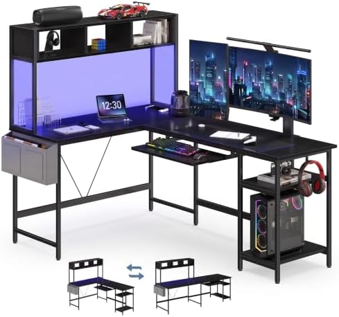 DUMOS 67" L Shaped Gaming Desk, Reversible Computer Desks with LED Lighting by DumosLifestyle