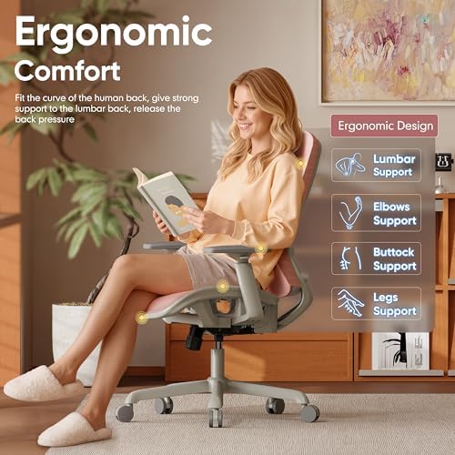 ELABEST Mesh Office Chair,Ergonomic Computer Desk Chair,Sturdy Task Chair- Adjustable Lumbar Support & Armrests,Tilt Function,Comfort Wide Seat,Swivel Home Office Chair (Pink) - Image 6