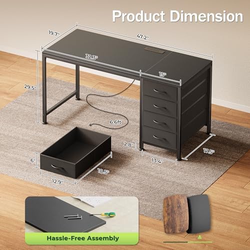 PRAISUN 47.2Inch Computer Office Desk with Power Outelts and USB-C Port, Reversible Gaming Desk with 4 Fabric Drawers, Work Study Desk Work from Home, Black - Image 3