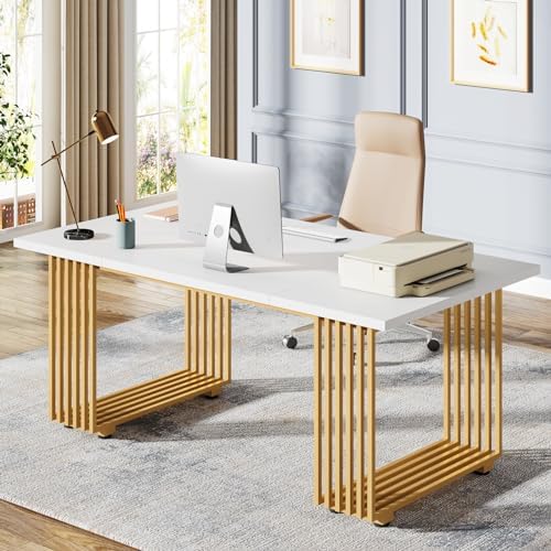 Tribesigns 70.9" Modern Office Desk, Wooden Computer Desk, White Executive Desk with Gold Metal Legs, Large Workstation for Home Office, Study Writing Desk, Small Conference Table for Meeting Room - Image 3