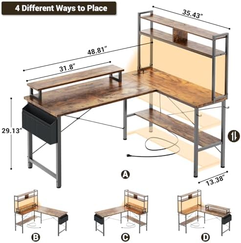 Aheaplus L Shaped Gaming Desk with Power Outlets & LED Lights, Rustic Brown - Image 2