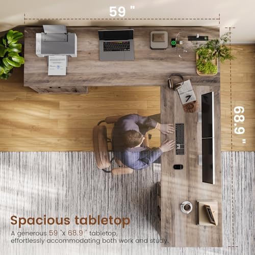 Itaar Farmhouse L Shaped Desk, Executive Computer Desk with Drawers and Storage Cabinet, Home Office Desk with File Drawer and Power Outlet, Corner Desk, Workstation for Office Home, Grey - Image 5