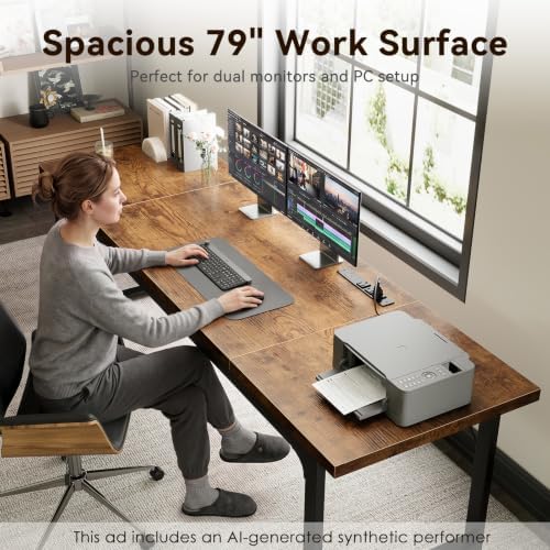 Coleshome 79 Inch Long Computer Desk with Power Outlet, Thicker Desktop & Legs, Large Heavy Duty Office Desk for Home Office & Gaming, Rustic Brown - Image 6