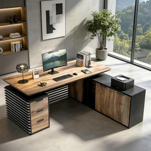 Electric Height Adjustable Executive Desk, Luxury L-Shaped Office Desk with Storage Cabinet & Charging Station, Solid Thickened Desktop, 70" Modern CEO Workstation for Home Office & Corporate Office by SAINTCY